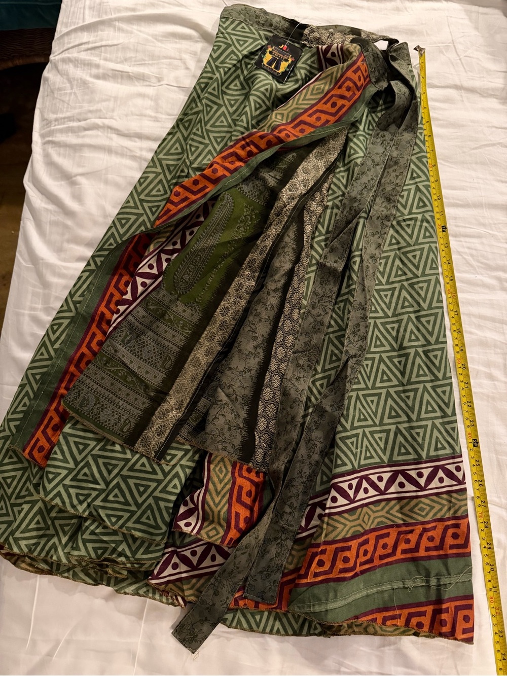 Boho Green Geometric Wrap Skirt with Orange Accent